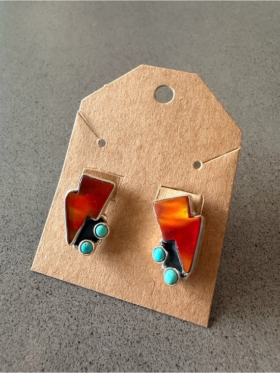 The Golden Rodeo Jewelry - Opal Lightning Bolt Stud Earrings w/ Turquoise Stones | 925 Sterling Silver New